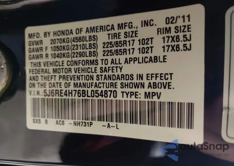 2011 Honda Cr-V Ex-L from USA, damaged, VIN 5J6RE4H76BL054870